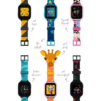Farverige urremme med jungledyrtemaer – tiger, påfugl, leopard, dinosaur, giraf og sommerfugl. Perfekt til børns smartwatches.