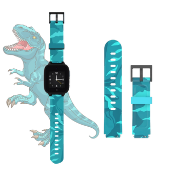 Nærbillede af turkis dinosaurmønstret urrem, holdbart og cool smartwatch-tilbehør.