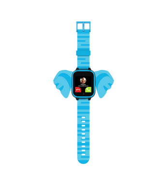 Smartwatch med blå urrem og elefantmotiv, dyreinspireret design.
