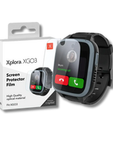 Emballage med Xplora XGO3 skærmbeskytter og et XGO3 ur, der viser, hvordan man påfører beskyttelsesfilmen.