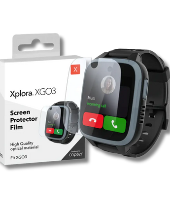 Emballage med Xplora XGO3 skærmbeskytter og et XGO3 ur, der viser, hvordan man påfører beskyttelsesfilmen.