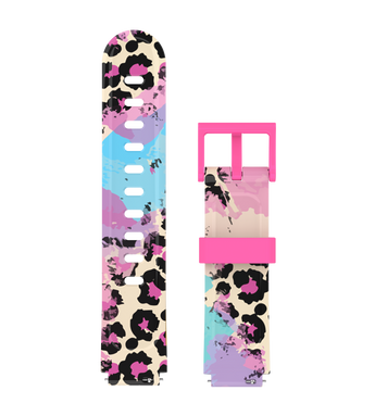 Børns smartwatch med pink leopardmønster og blå detaljer, trendy og farverigt design.