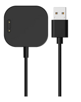 Sort magnetisk oplader med USB-stik til Xplora X6 Play. Viser opladningspad'en med to guldstik og et USB-A-stik for nem tilslutning.