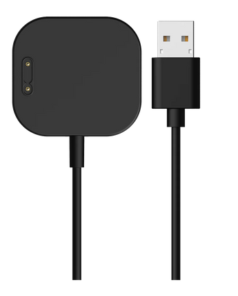 Sort magnetisk oplader med USB-stik til Xplora X6 Play. Viser opladningspad'en med to guldstik og et USB-A-stik for nem tilslutning.