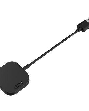 Sort Xplora X6 oplader med magnetisk stik og USB-kabel. Designet til nem opladning af X6 Play og X6 Pro.