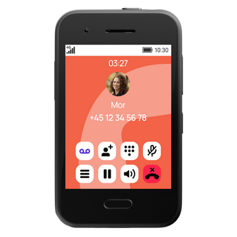 Indgående opkald på XploraOne børnetelefon med kontaktens navn og nummer. Nem og sikker kommunikation – uden internet, kun godkendte kontakter.