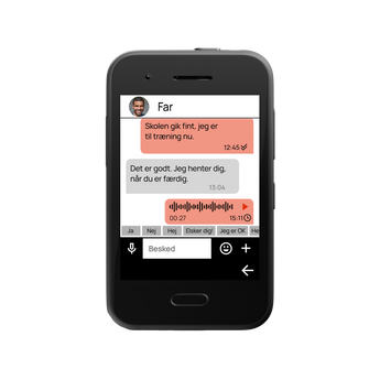 Chatvisning på XploraOne børnetelefon med sikre tekst- og talemeddelelser.