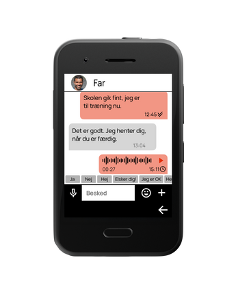 Chatvisning på XploraOne børnetelefon med sikre tekst- og talemeddelelser.