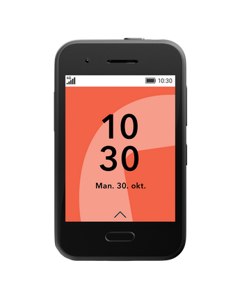 Minimalistisk rød låseskærm på XploraOne børnetelefon. Enkelt og overskueligt display