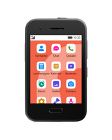 Hovedmenu på XploraOne børnetelefon med ikoner for opkald, beskeder, kalender og mere. Designet til børn – styret af forældre.