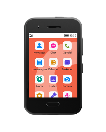 Hovedmenu på XploraOne børnetelefon med ikoner for opkald, beskeder, kalender og mere. Designet til børn – styret af forældre.