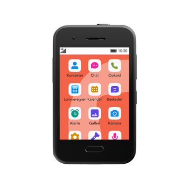 Hovedmenu på XploraOne børnetelefon med ikoner for opkald, beskeder, kalender og mere. Designet til børn – styret af forældre.