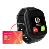 Xplora Connect SIM-kort og sort Xplora-ur med SIM-installationsvejledning.